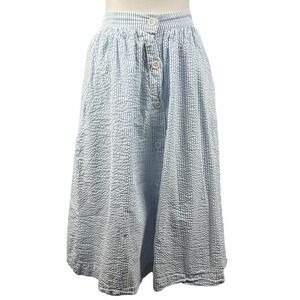 HM Skirt 8 Blue White Seersucker Button Front Midi Pockets Striped Cottagecore